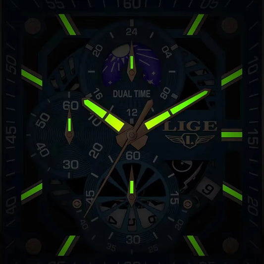 LIGE Mens Watches Brand Luxury Hollow Square Sport Watch For Men Fashion Silicone Strap Waterproof Quartz WristWatch+ Gift Box