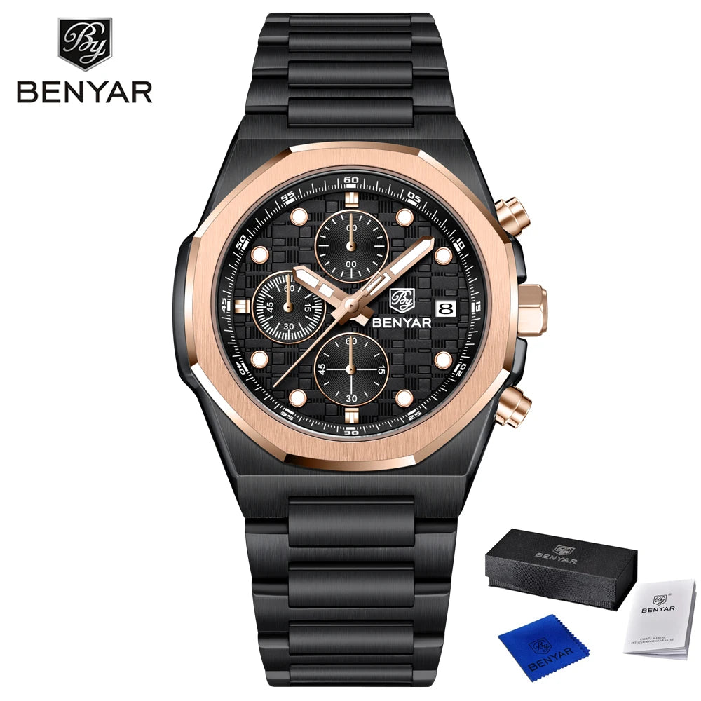 2025 New BENYAR Men's Watches Top Brand Luxury Chronograph Quartz Watch For Man Waterproof Luminous Stainless Steel Men Gift Box