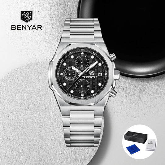 2025 New BENYAR Men's Watches Top Brand Luxury Chronograph Quartz Watch For Man Waterproof Luminous Stainless Steel Men Gift Box