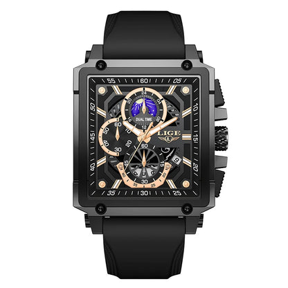 LIGE Mens Watches Brand Luxury Hollow Square Sport Watch For Men Fashion Silicone Strap Waterproof Quartz WristWatch+ Gift Box