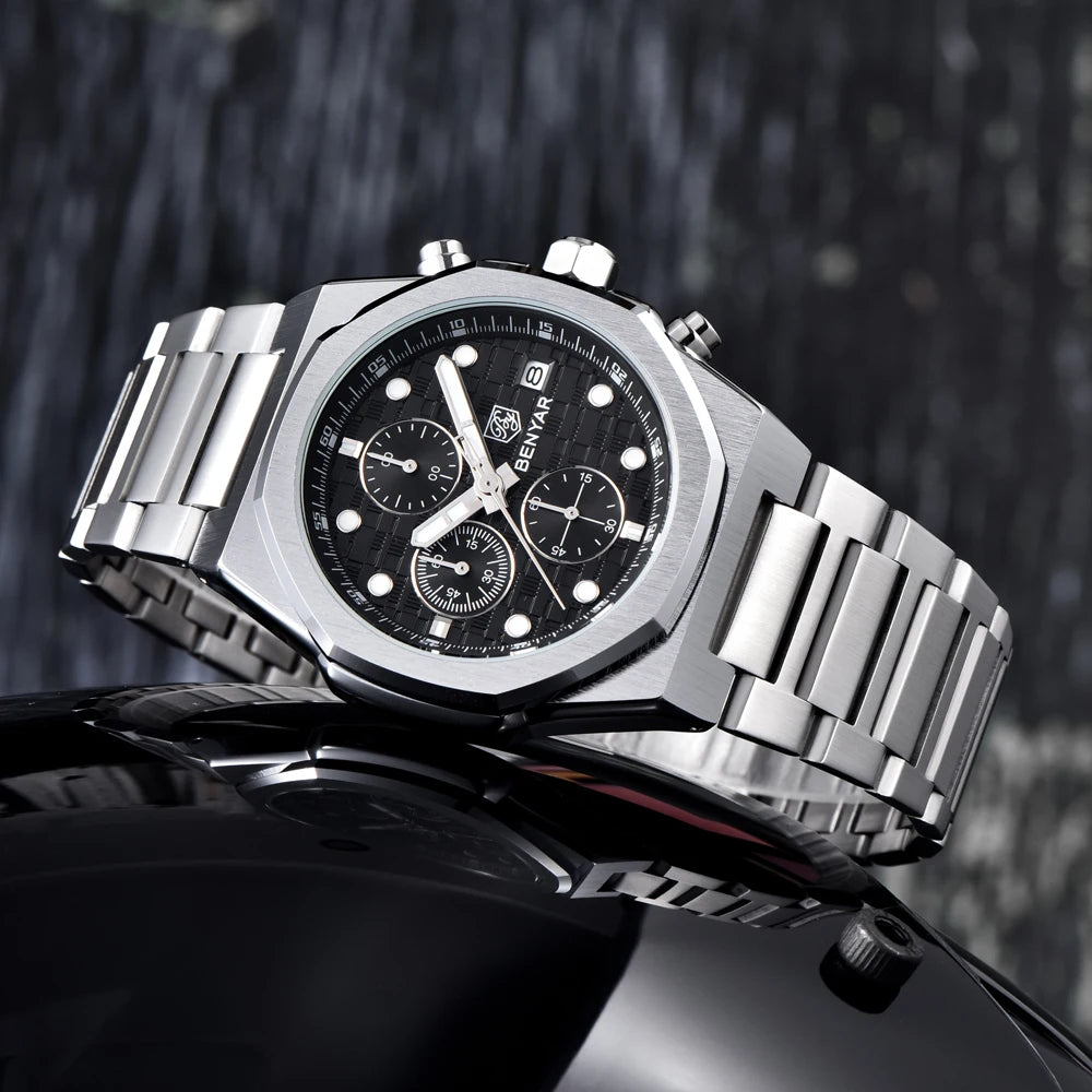 2025 New BENYAR Men's Watches Top Brand Luxury Chronograph Quartz Watch For Man Waterproof Luminous Stainless Steel Men Gift Box