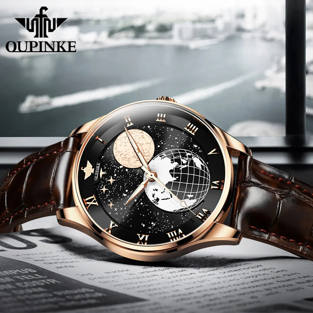 OUPINKE Brand Men's Watch Fully Automatic Mechanical Skin Strap Business 3177