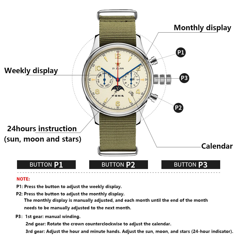 SEAKOSS 1963 Mechanical Wristwatch ST1654 Seagull Movement 24-hour Instruction Air Force Aviation Pilot Calendar Mens Gift Watch