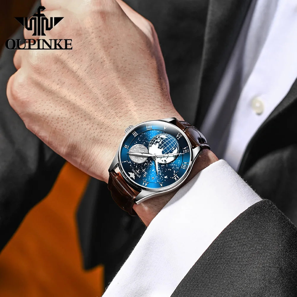 OUPINKE Brand Men's Watch Fully Automatic Mechanical Skin Strap Business 3177
