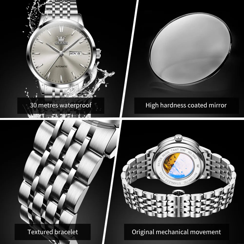 OLEVS Brand Watch Steel Strip Double Calendar Fully Automatic Mechanical Watch Night Light Waterproof Men's Watch 7048