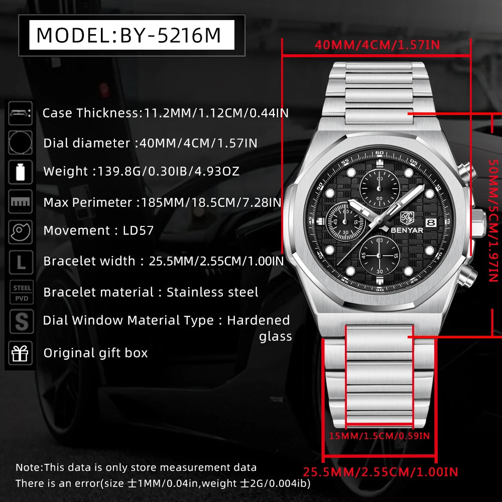 2025 New BENYAR Men's Watches Top Brand Luxury Chronograph Quartz Watch For Man Waterproof Luminous Stainless Steel Men Gift Box