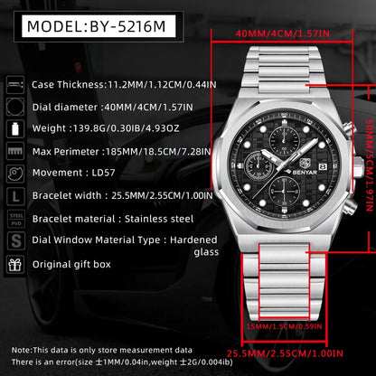 2025 New BENYAR Men's Watches Top Brand Luxury Chronograph Quartz Watch For Man Waterproof Luminous Stainless Steel Men Gift Box