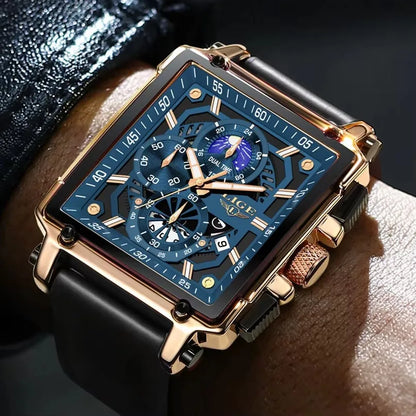 LIGE Mens Watches Brand Luxury Hollow Square Sport Watch For Men Fashion Silicone Strap Waterproof Quartz WristWatch+ Gift Box