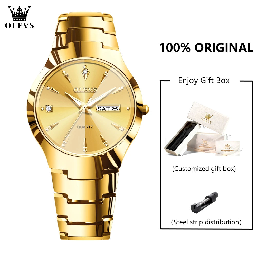 OLEVS 8697 Watches Man Original Quartz Wristwatch Waterproof Luminous Tungsten Steel Week Date Mens&Womens Watches Gift Box