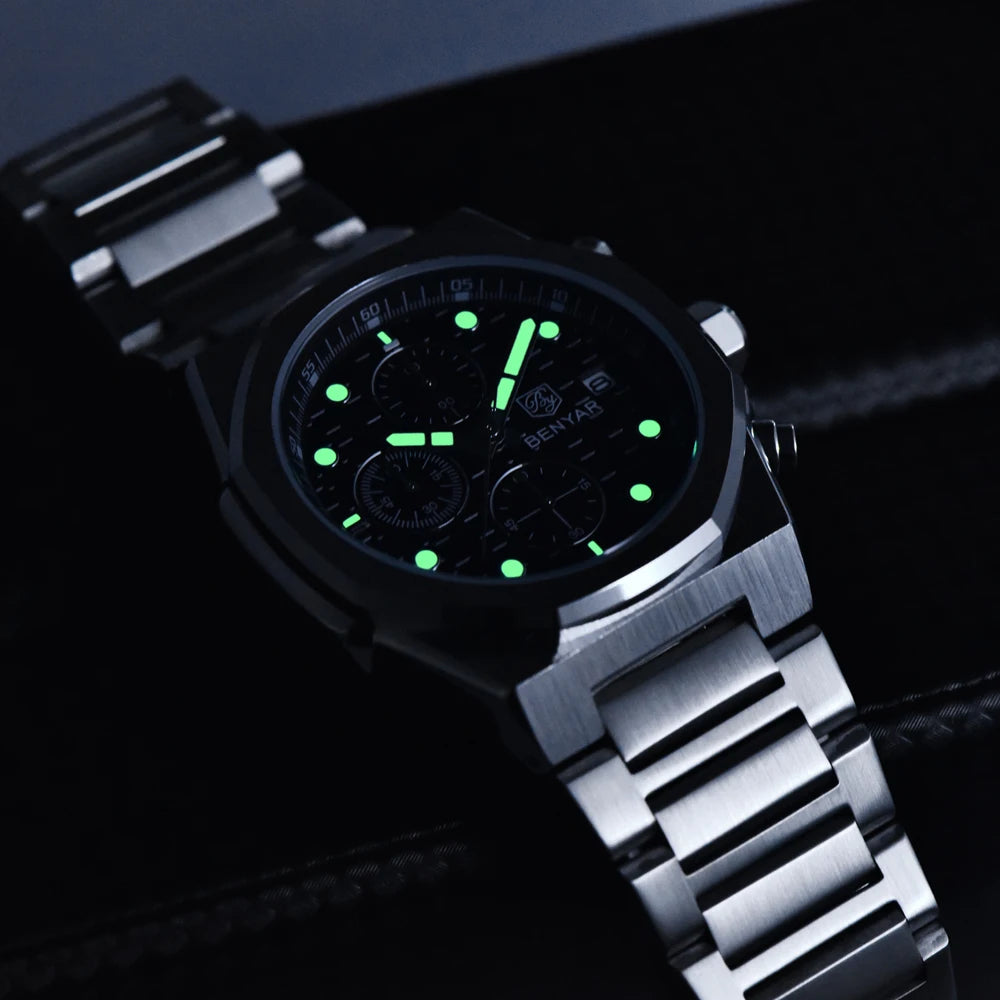 2025 New BENYAR Men's Watches Top Brand Luxury Chronograph Quartz Watch For Man Waterproof Luminous Stainless Steel Men Gift Box