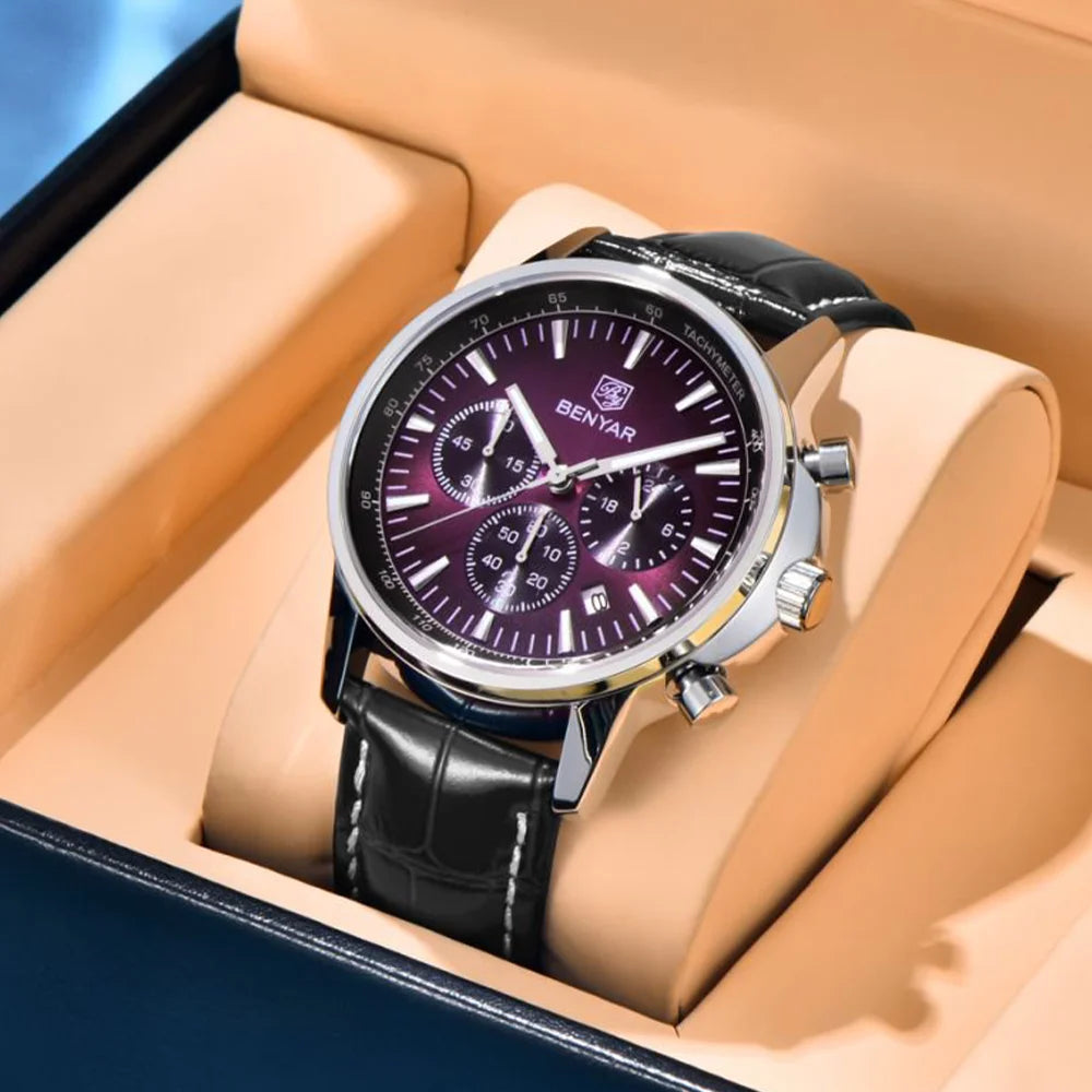 2025 New BENYAR Luxury Men Watches Top Leather Wrist Watch Quartz Watches For Man Shock Resistant Waterproof watch Gift With Box