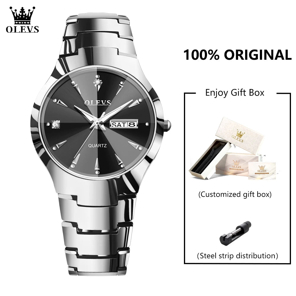 OLEVS 8697 Watches Man Original Quartz Wristwatch Waterproof Luminous Tungsten Steel Week Date Mens&Womens Watches Gift Box