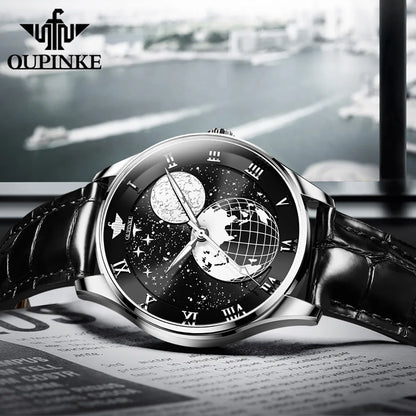 OUPINKE Brand Men's Watch Fully Automatic Mechanical Skin Strap Business 3177