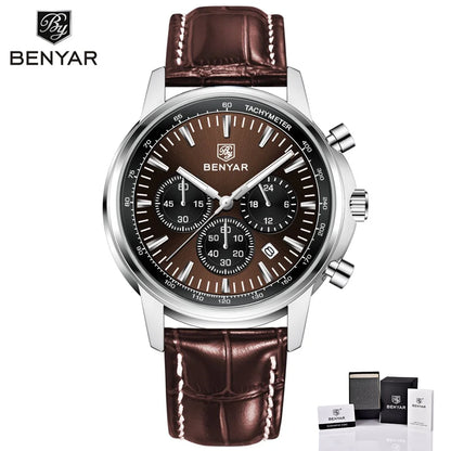 2025 New BENYAR Luxury Men Watches Top Leather Wrist Watch Quartz Watches For Man Shock Resistant Waterproof watch Gift With Box