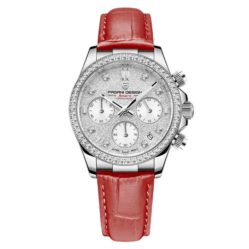 Watch with red leather strap and silver case on white background