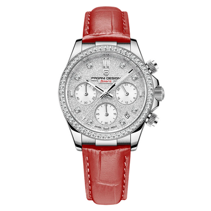 Watch with red leather strap and silver case on white background