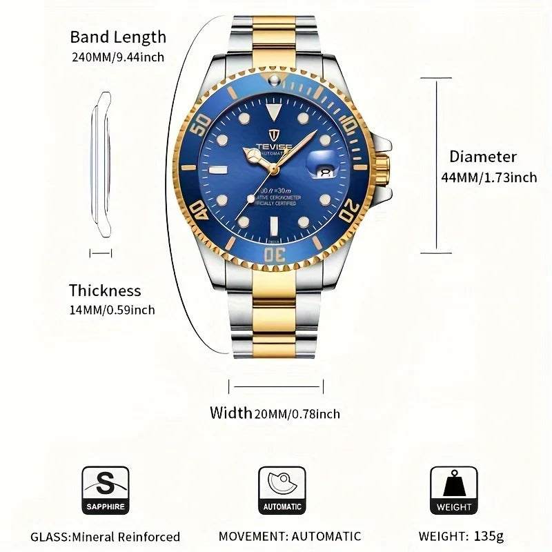 TEVISE New Men Mechanical Wristwatch Luxury Business Leisure Stainless Steel Watch Various Colors Diving Watch