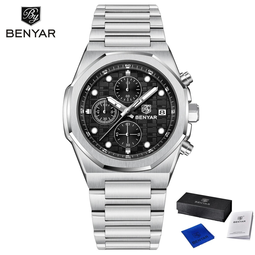 2025 New BENYAR Men's Watches Top Brand Luxury Chronograph Quartz Watch For Man Waterproof Luminous Stainless Steel Men Gift Box