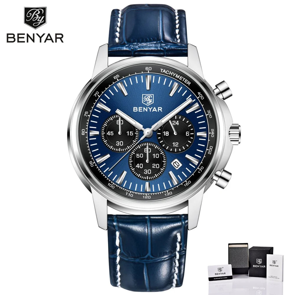 2025 New BENYAR Luxury Men Watches Top Leather Wrist Watch Quartz Watches For Man Shock Resistant Waterproof watch Gift With Box