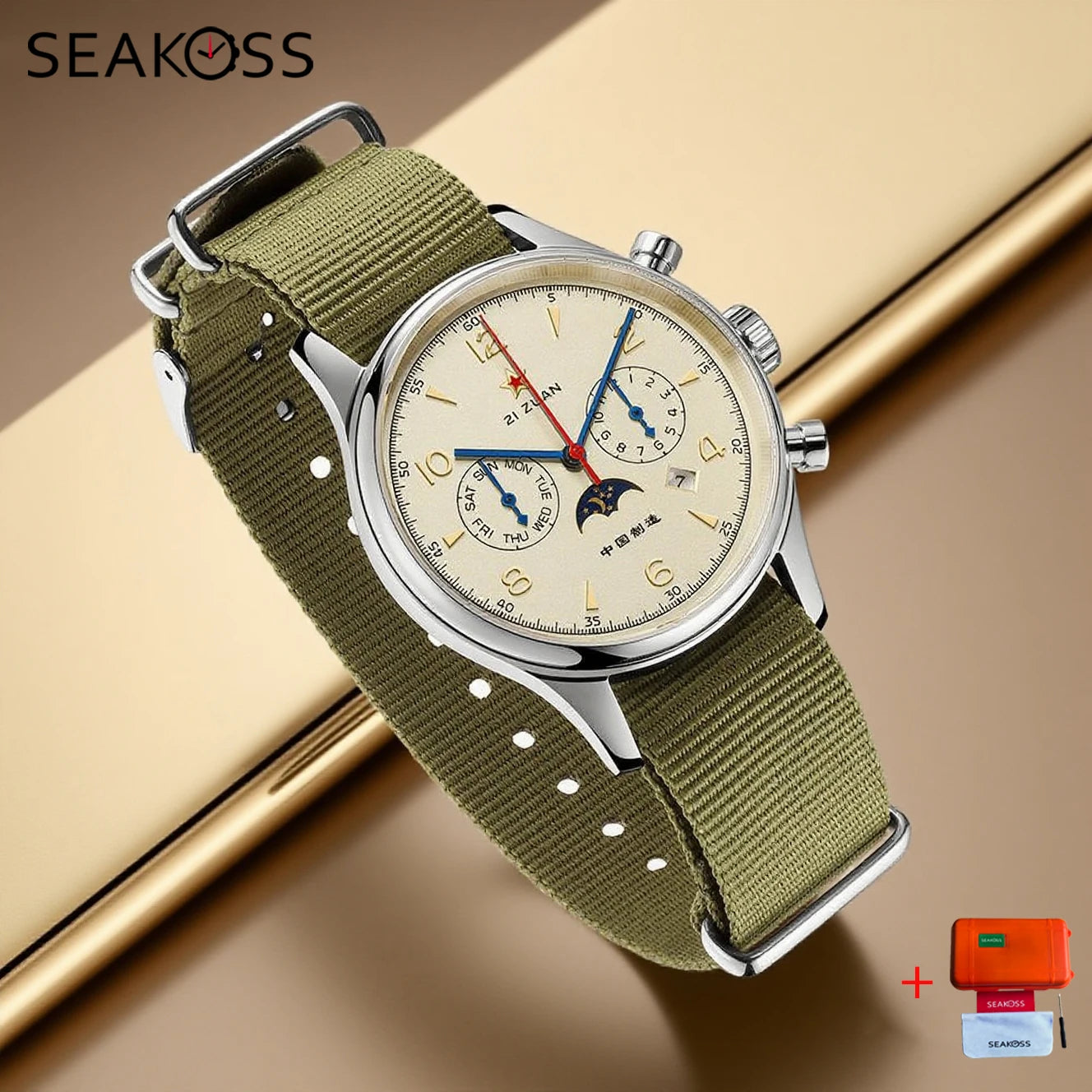 SEAKOSS 1963 Mechanical Wristwatch ST1654 Seagull Movement 24-hour Instruction Air Force Aviation Pilot Calendar Mens Gift Watch