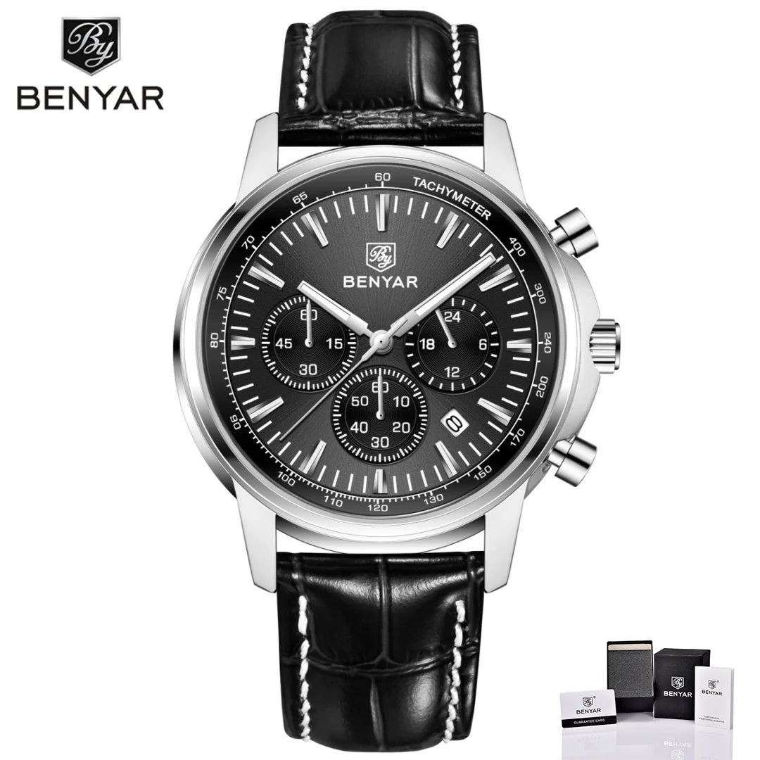 2025 New BENYAR Luxury Men Watches Top Leather Wrist Watch Quartz Watches For Man Shock Resistant Waterproof watch Gift With Box