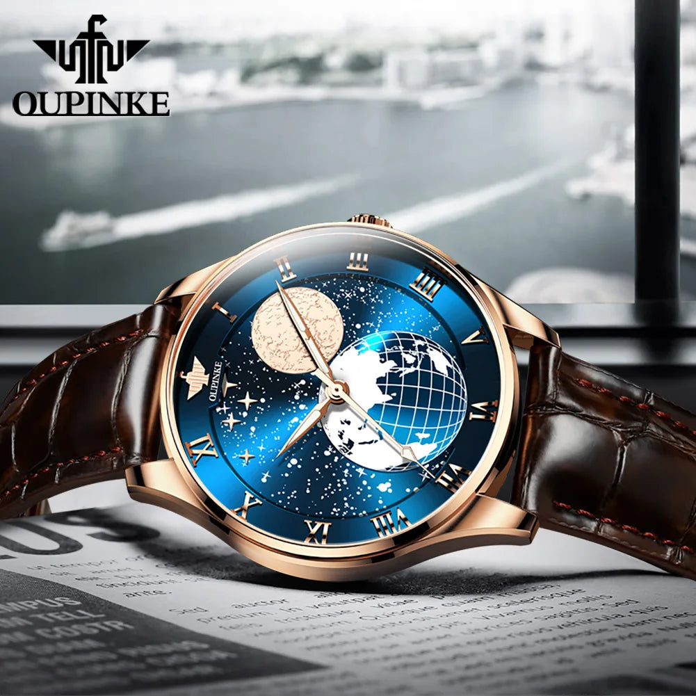 OUPINKE Brand Men's Watch Fully Automatic Mechanical Skin Strap Business 3177