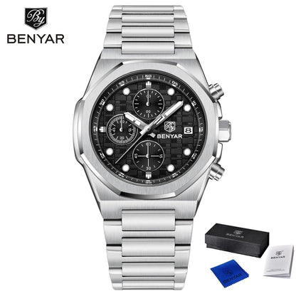 2025 New BENYAR Men's Watches Top Brand Luxury Chronograph Quartz Watch For Man Waterproof Luminous Stainless Steel Men Gift Box