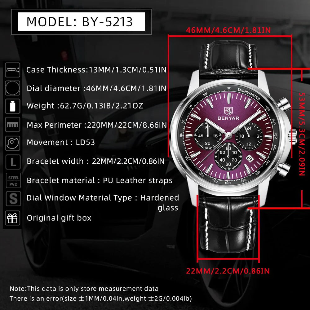 2025 New BENYAR Luxury Men Watches Top Leather Wrist Watch Quartz Watches For Man Shock Resistant Waterproof watch Gift With Box