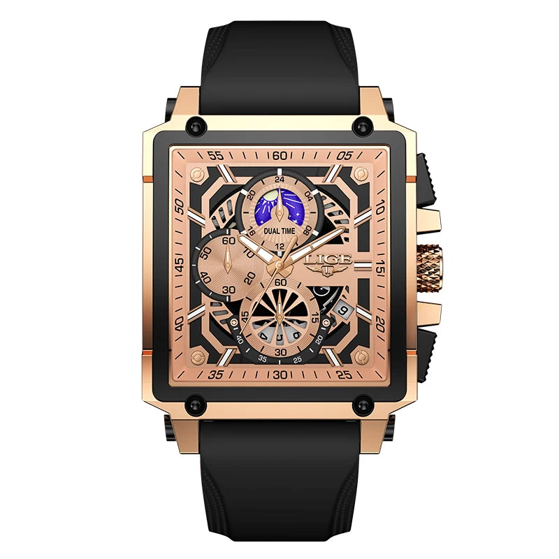 LIGE Mens Watches Brand Luxury Hollow Square Sport Watch For Men Fashion Silicone Strap Waterproof Quartz WristWatch+ Gift Box