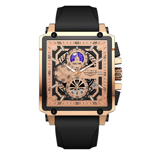 LIGE Mens Watches Brand Luxury Hollow Square Sport Watch For Men Fashion Silicone Strap Waterproof Quartz WristWatch+ Gift Box